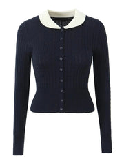 Navy blue cardigan with white collar on a white background