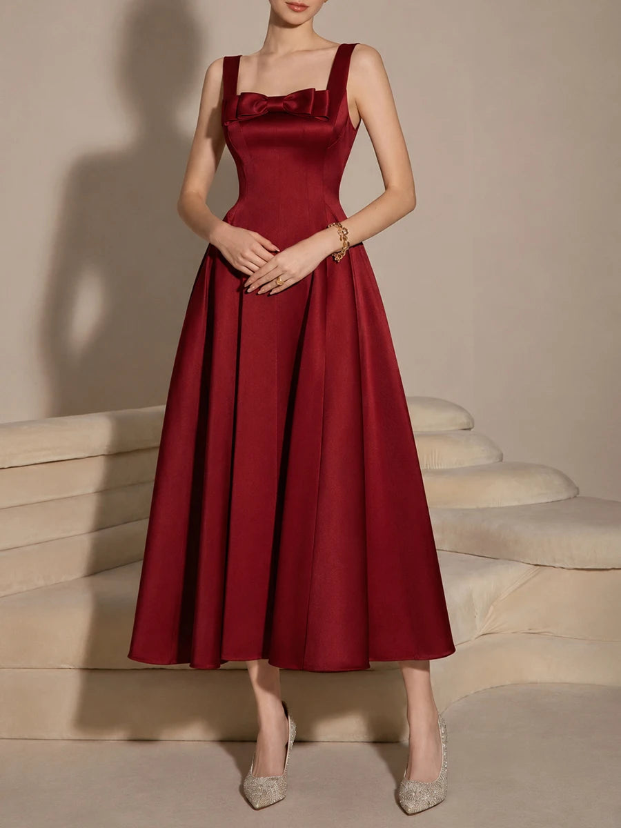 Red bow square neck sleeveless midi dress