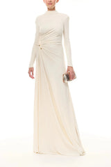 Long sleeve high split maxi dress with draped bodice and clutch