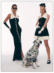 Turndown Collar Pearl Button A-line Black Midi Dress