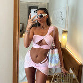 Pink twisted cutout swimsuit and skirt