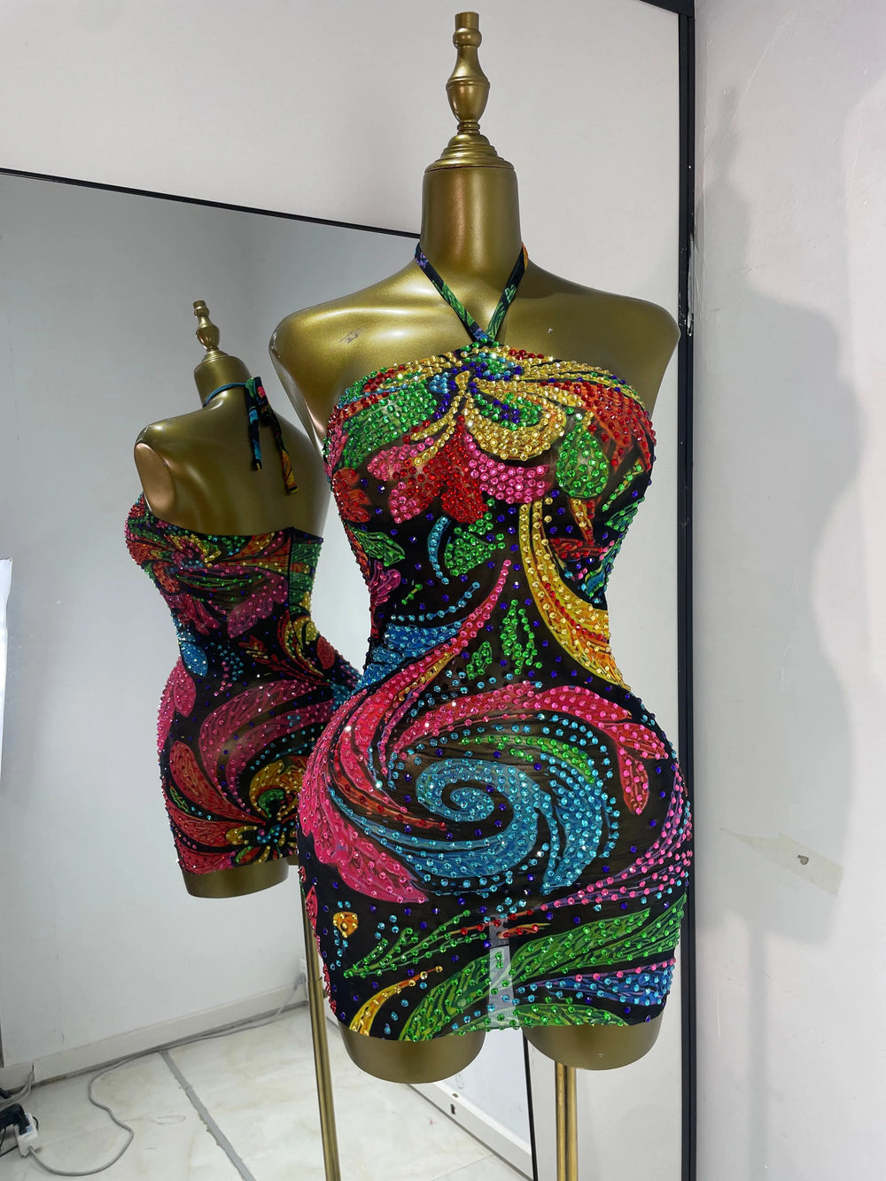 Floral halter mini dress with sequins