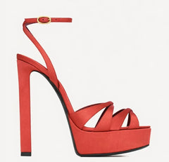 Red platform block heel sandal with crisscross straps