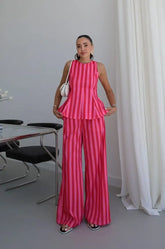 Rose Red striped peplum top and wide leg pants set