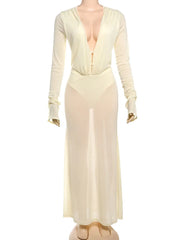 Cream-colored dress with long sleeves on a mannequin against a white background