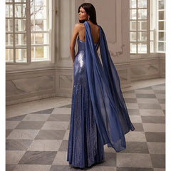 Back view of a strapless sequin column evening gown