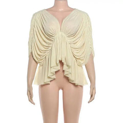Deep V-Neck Ruched Batwing Sleeve Blouse