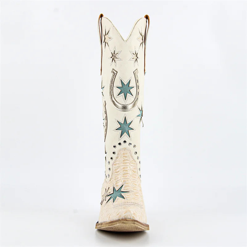 Beige cowboy boot with star patterns on a white background