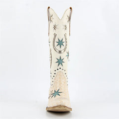 Beige cowboy boot with star patterns on a white background