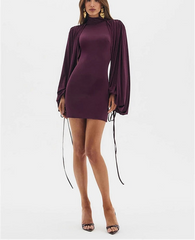 Puff Sleeve Turtleneck Open Back Mini Dress