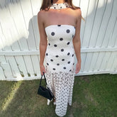Polka dot print strapless maxi dress with scarf detail