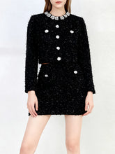 Fuzzy Rhinestone Buttoned Crop Coat And Mini Skirt Set