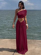 One-shoulder ruched crop top and draped maxi skirt set
