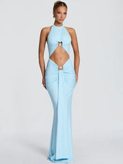 Light blue cutout halter maxi dress with metal lock detail