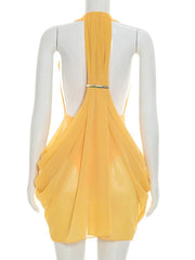 Yellow Drape Halter Neck Cutout Ruched Mini Dress