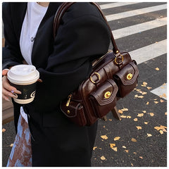 Microfiber Leather Vintage Pocket Satchel – Black & Burgundy