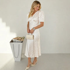 White Satin Floral Print V-Neck Puff Sleeve Midi Dress