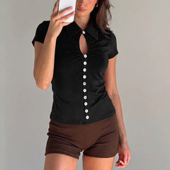 Collared Button-Front Cutout Knit Top