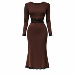 Long Sleeve Lace Trim Midi Dress