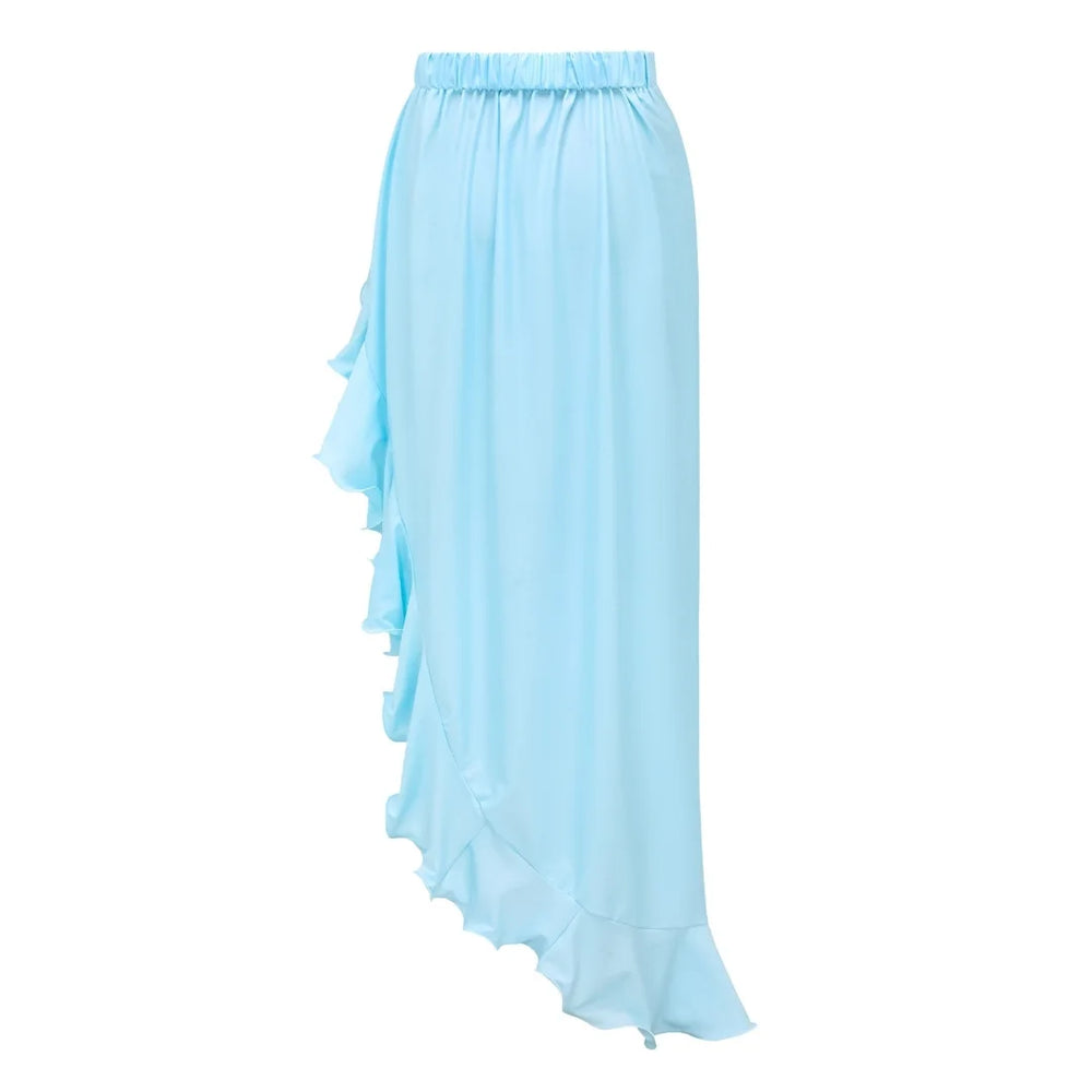 Light blue flowy maxi skirt with ruffled hem detail