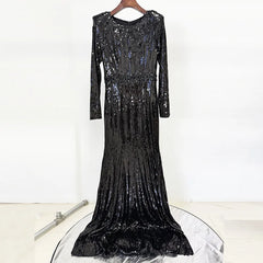 Gold & Black Sequin Gown | Elegant Long Sleeve Evening Dress