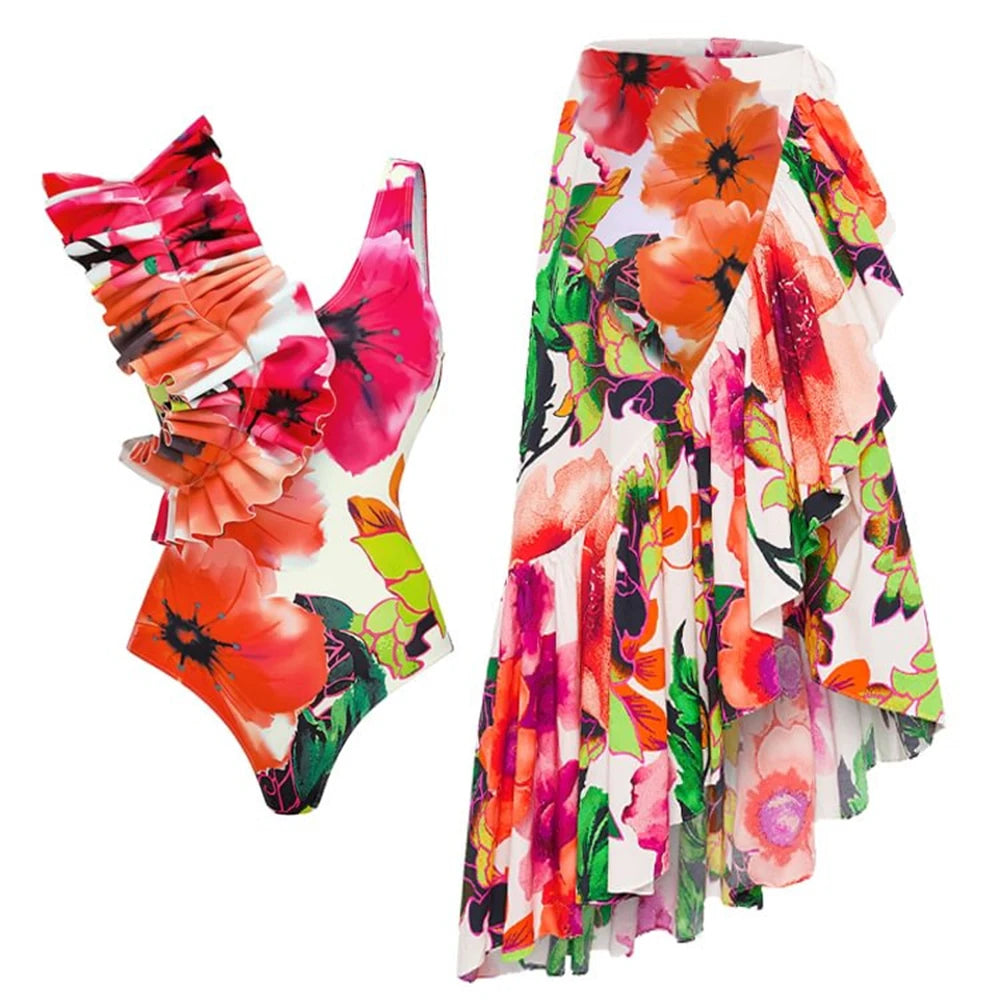 V-neck ruffle swimsuit with floral print and matching wrap skirt