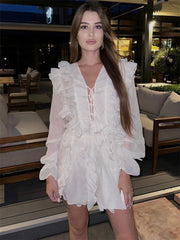 Ruffled Lace Up Long Sleeve Mini Dress