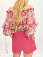 Ruffle Off-Shoulder Long Puff Sleeve Top