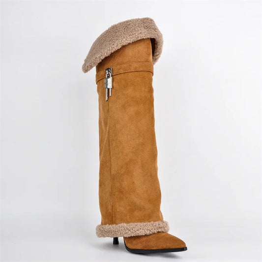 Pointed toe fold over knee high boots with stiletto heel and plush trim