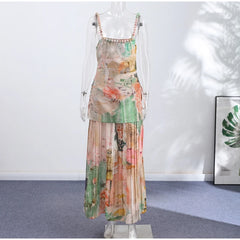 Floral Print Beaded Strap Top and Maxi Skirt Set