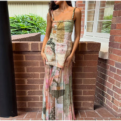 Floral Print Beaded Strap Top and Maxi Skirt Set