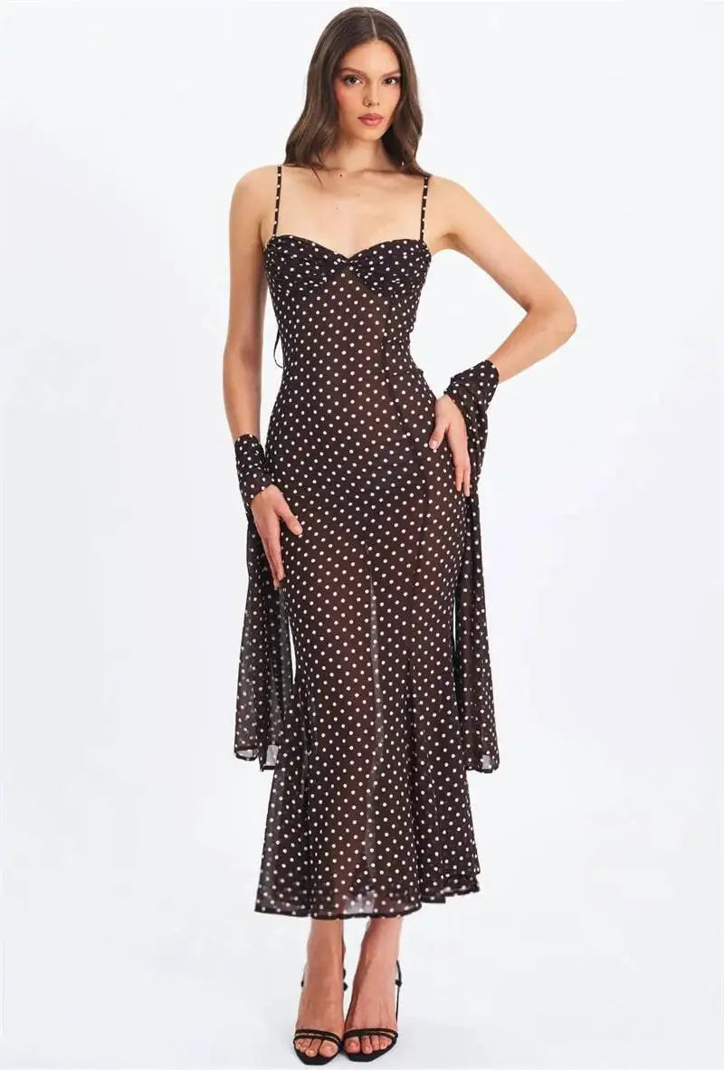 Polka dot maxi dress with adjustable spaghetti straps