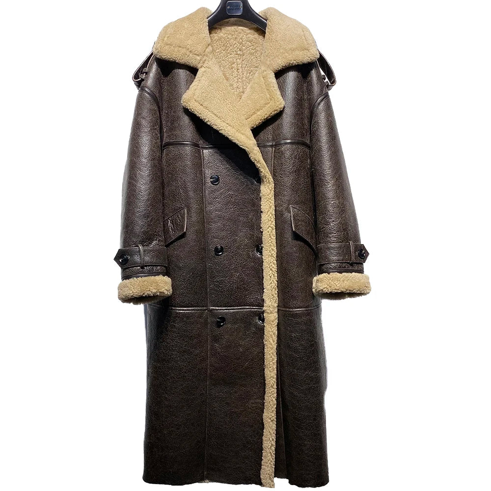 Brown leather coat with beige fur lining