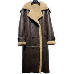 Brown leather coat with beige fur lining