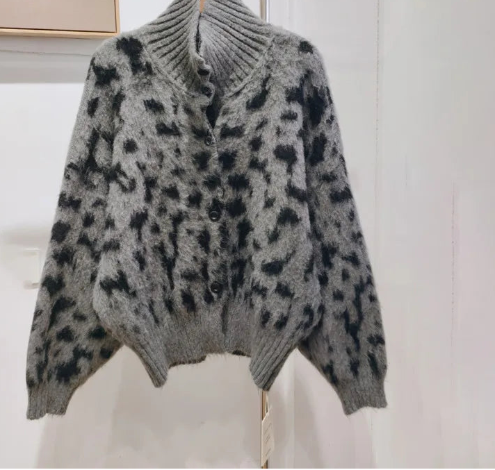 Gray leopard print turtleneck coat