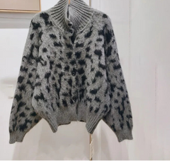 Gray leopard print turtleneck coat