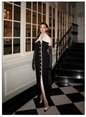 Turndown Collar Pearl Button A-line Black Midi Dress