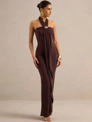 Draped halter maxi dress with metal buckle accent