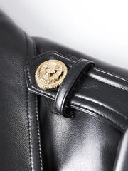 Black Faux Leather Trench Coat with Gold Buttons