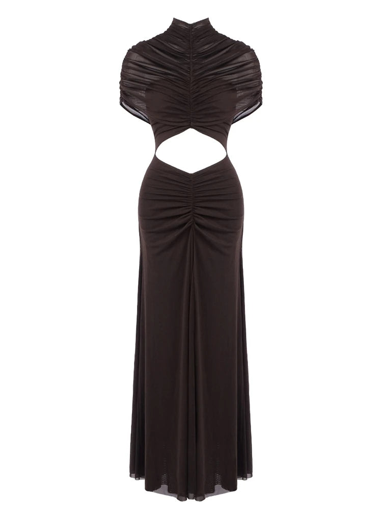 Black evening gown with cut-out design on a white background