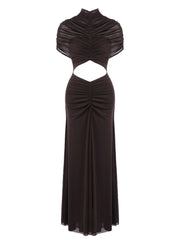 Black evening gown with cut-out design on a white background