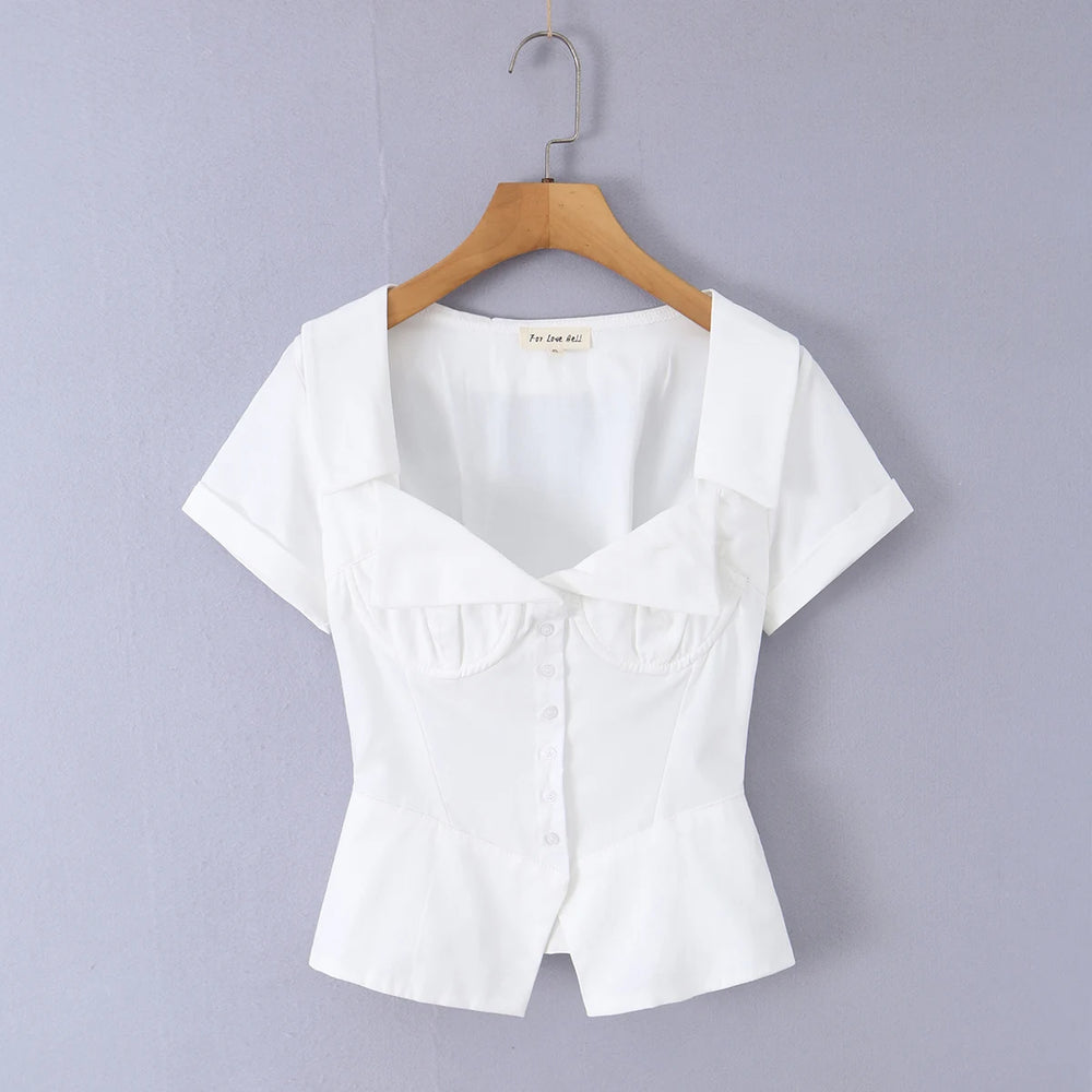Black lapel collar corset top displayed on a hanger
