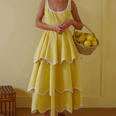 Tiered Contrast Seam Ruffle Trim Sleeveless Maxi Dress