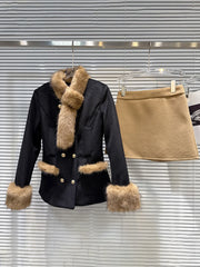 Black Short Coat With Brown Fur Trim And Short Scarf, And Brown Mini Skirt Set
