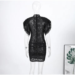Sheer Mock Neck Lace Mini Dress