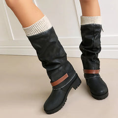Knit Cuff Faux Leather Buckle Riding Boots