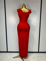 Red embellished one-shoulder dress back view