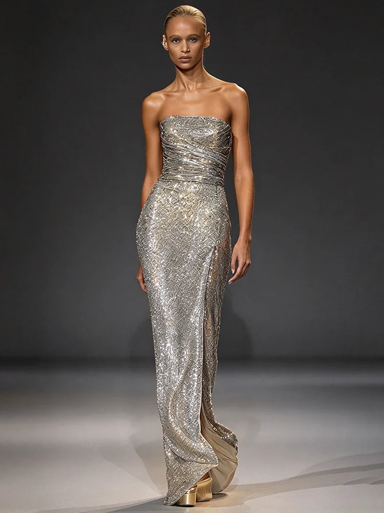 Strapless sequin high slit maxi dress
