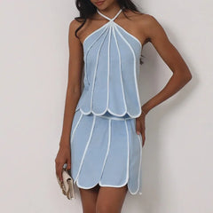 Petal trim halter crop top and flare mini skirt set detail