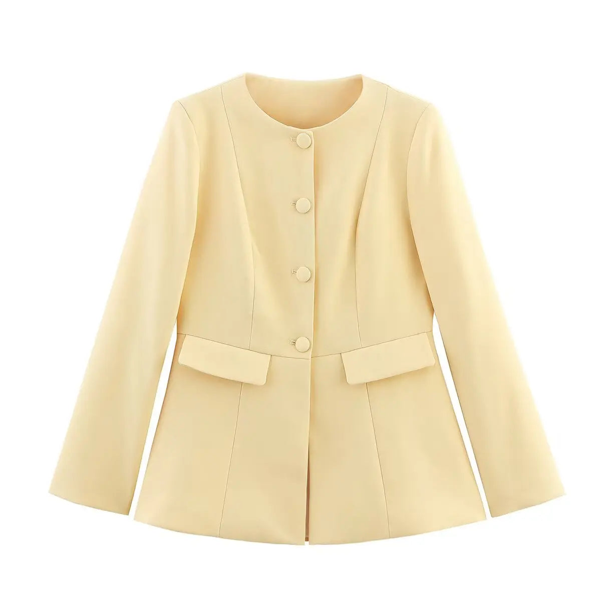 Beige blazer with button details on a white background